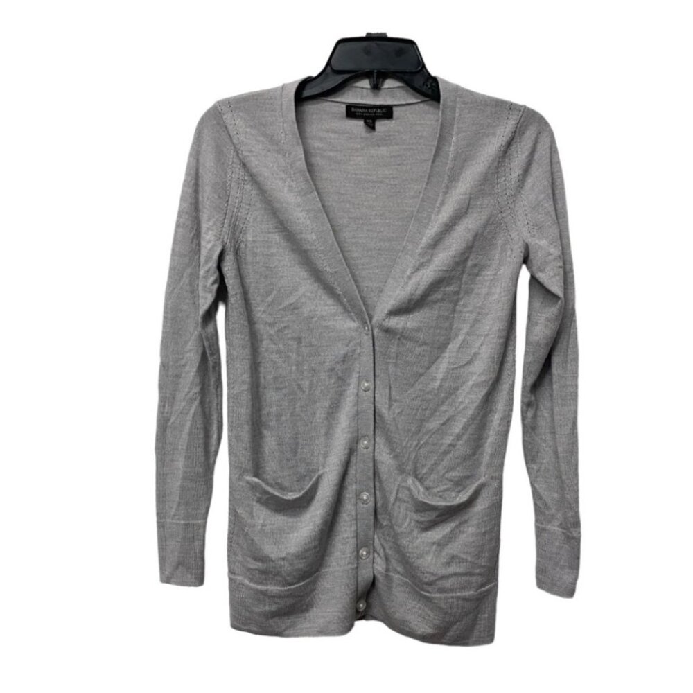 Banana Republic Womens S 100% Merino Wool V-Neck Button-Up Gray Cardigan Sweater